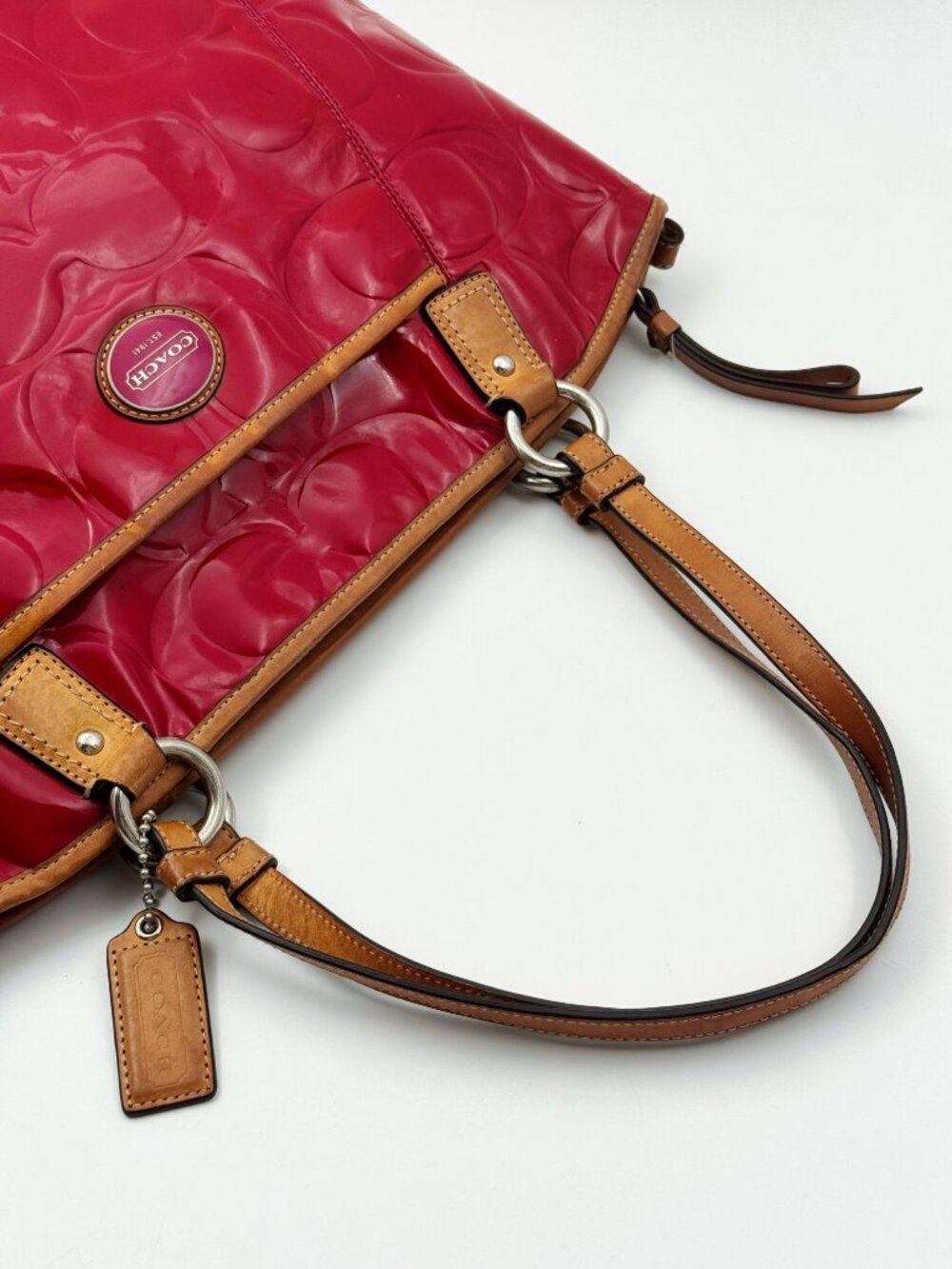 Coach Signature Patent Leather Red Tote Shoulder Bag Large w/ Long Strap - Picture 4 of 12